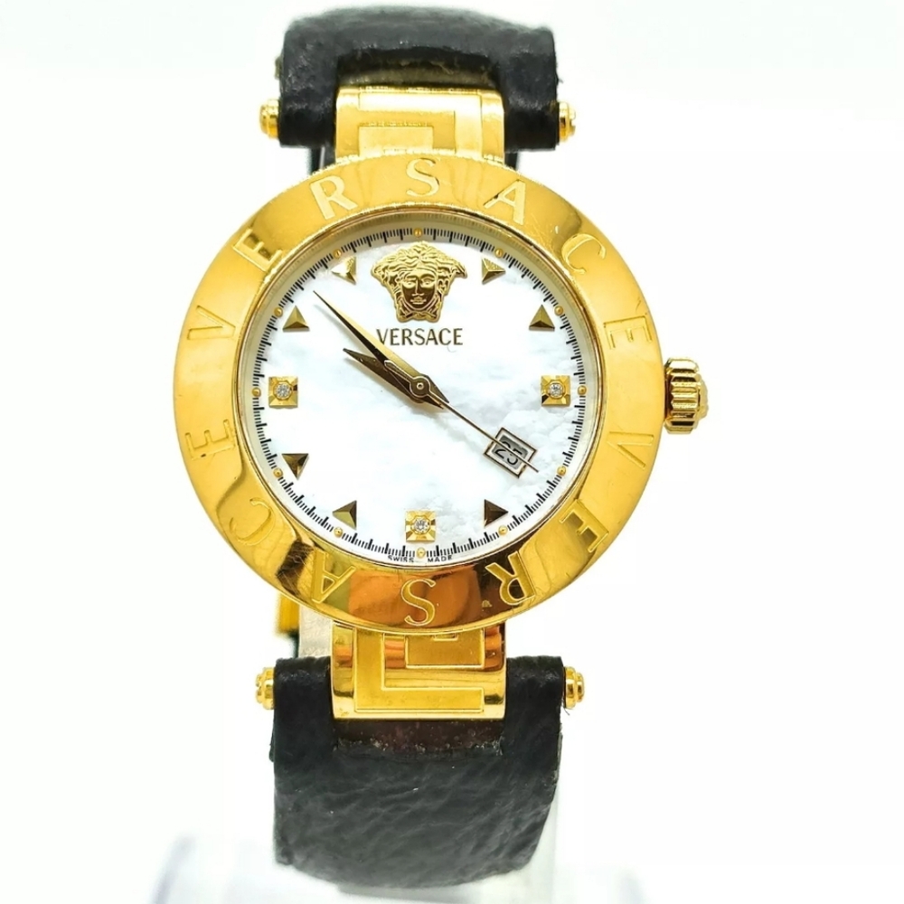 Versace Swiss Made Ladies Goldtone Watch W/Black Leather Shark Band Working